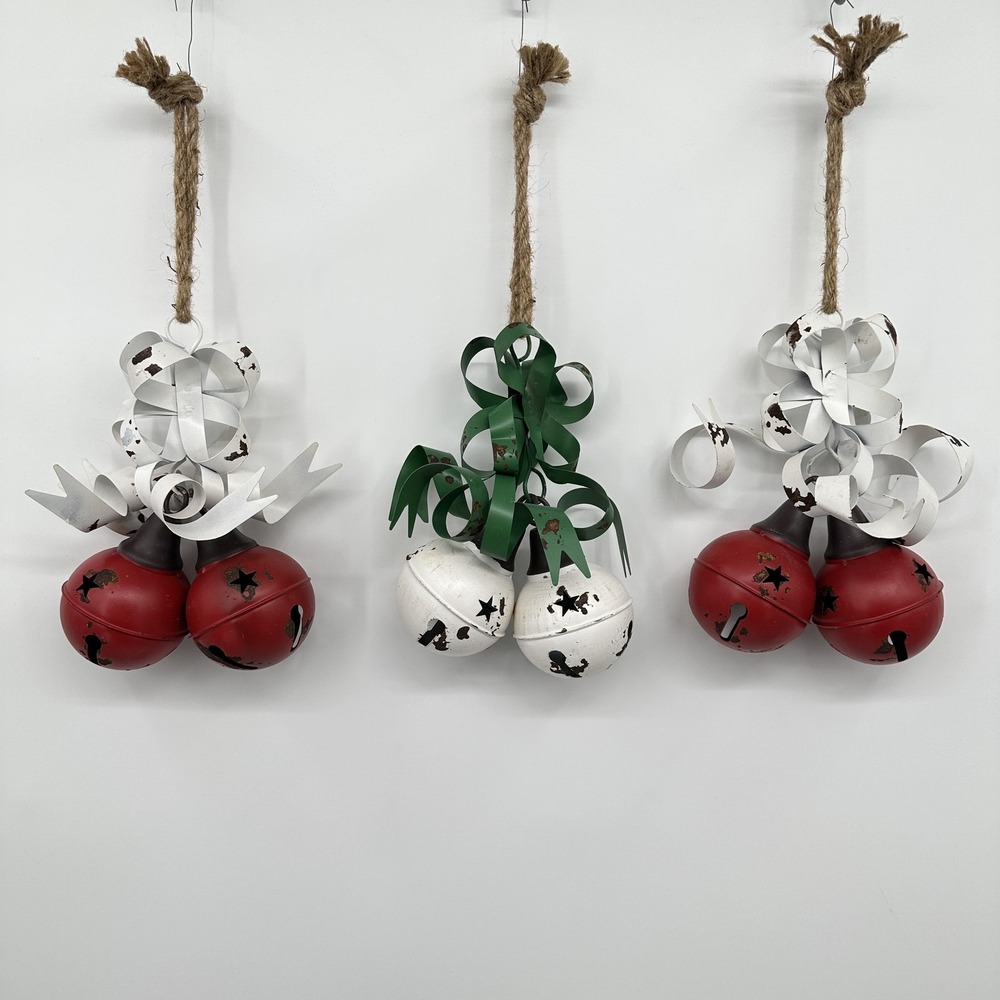 Rustic 11"‎ Metal Jingle Bell Hanging Ornaments Farmhouse Christmas Decor Set 3